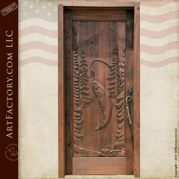 fishing theme carved wood door log cabin entrance door