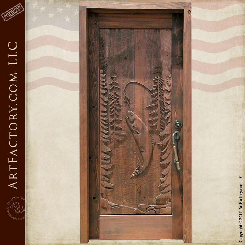 Fishing Theme Carved Wood Door | Log Cabin Entrance Door (800 x 800 Pixel)