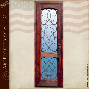 custom dual lite wood door with hand forged security grill