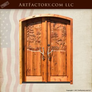 hand carved cabin doors with custom deer antler door handle