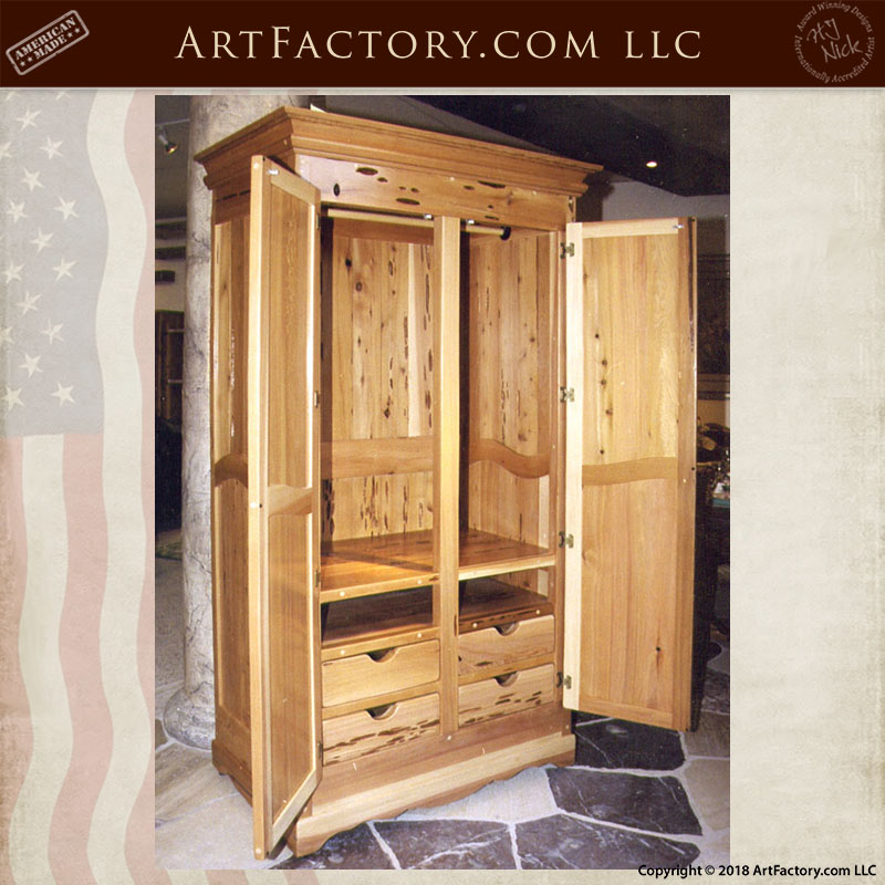 handmade custom wooden armoire with doors open