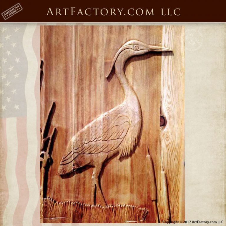 Heron Carved Front Door: Fine Art Quality Hand Wood Carvings