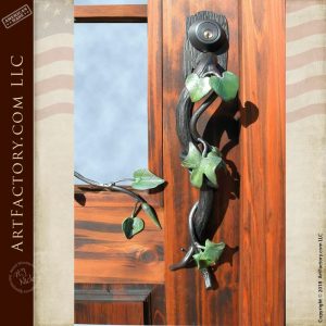 custom French pane glass front door with custom vine door handle