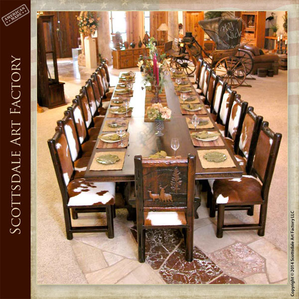 Custom 21 Pc Lodge Dining Set Rustic Handcarved Table and Chairs