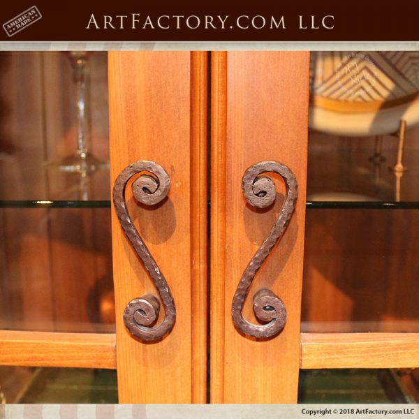 custom exotic wood China cabinet with s-scroll shaped cabinet pulls