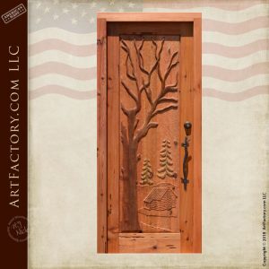 cabin carved front door with small tree branch door pull