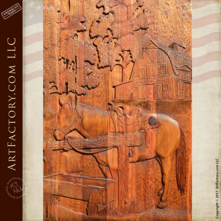 Hand Carved Horse Door: Western Style With Decorative Sidelights