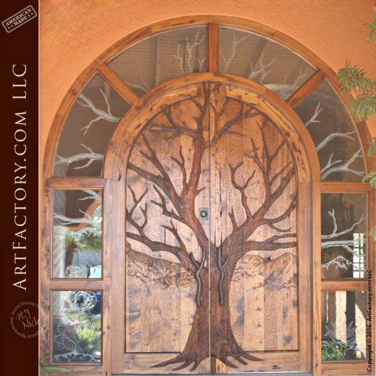 Tree Carved Entrance Door With Etched Glass Full Surround Sidelights