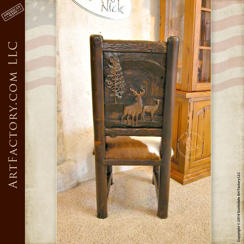 Hand Carved Lodge Dining Chair Hair On Hide Leather Upholstery