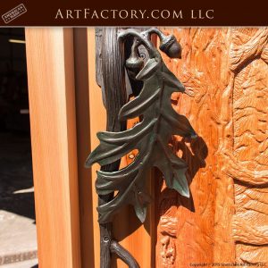 moose hand carved front door with custom oak leaf door handle
