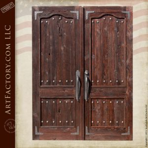 weathered raised grain wood double doors