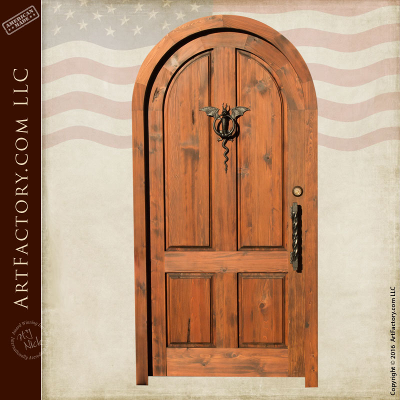 Arched Entry Door With Iron Dragon Knocker