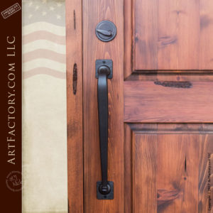 custom solid wood front door with elegant custom iron door pull