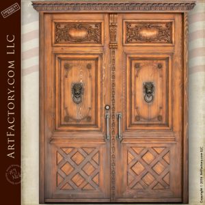 castle style double doors with lions head iron door knockers
