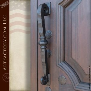 custom decorative security door with hand hammered scroll bar door pull