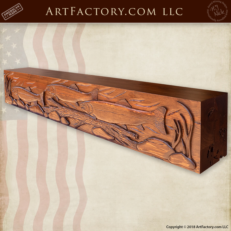 hand carved salmon fireplace mantel