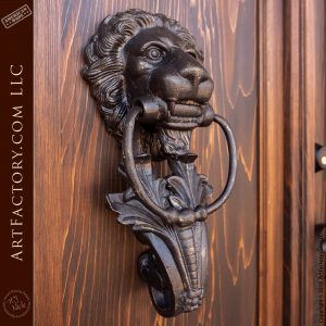 grand English castle entrance with hand forged lion had door knocker