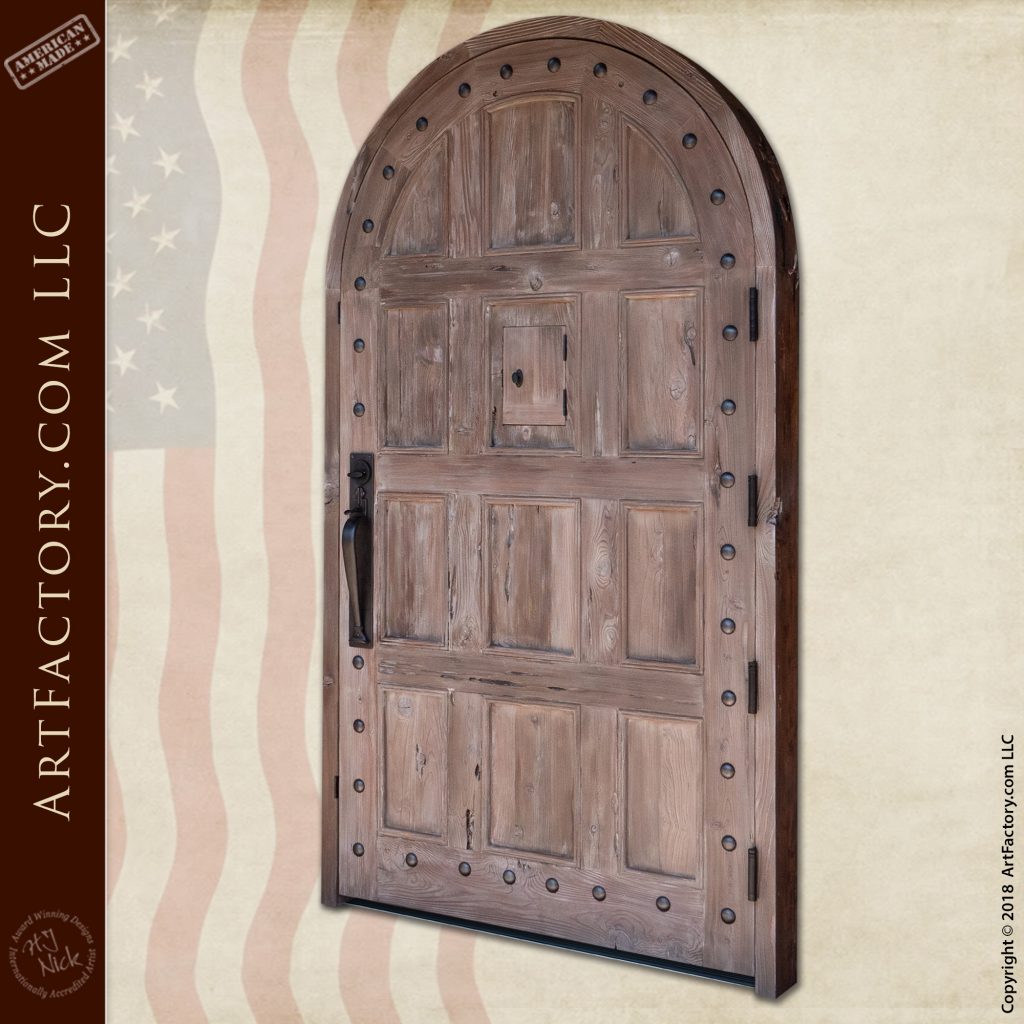 Weathered Wood Arched Door: With Speakeasy, Custom Hinge Straps