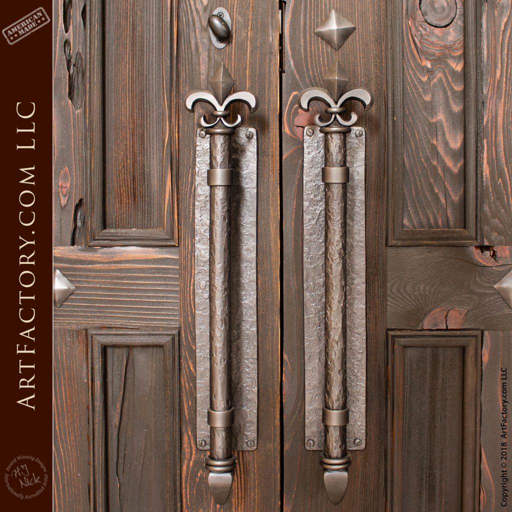 Gothic Wood Panel Double Doors: With Wrought Iron Fleur de Lis Handles