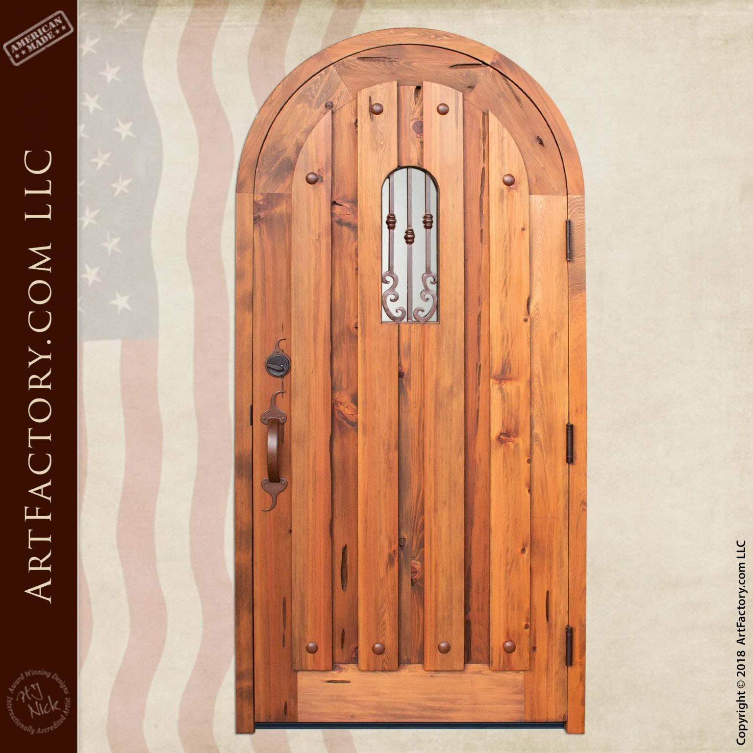 Custom Arched Door Raised Plank Design & Fine Art French Window Grill