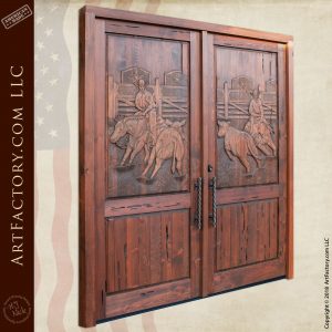 Hand Carved Rodeo Themed Cowboy Double Door