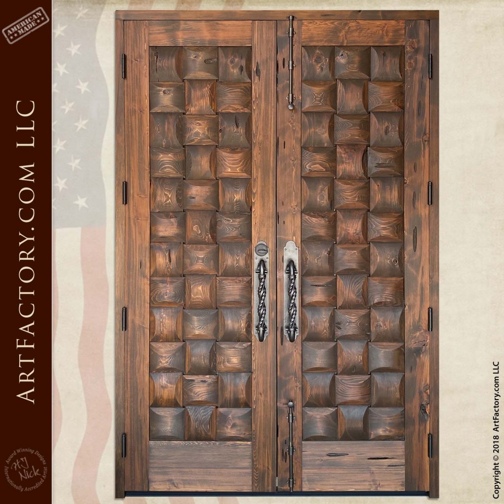 Rustic Basket Weave Double Doors Fine Art Hand Carved Wood Entrance