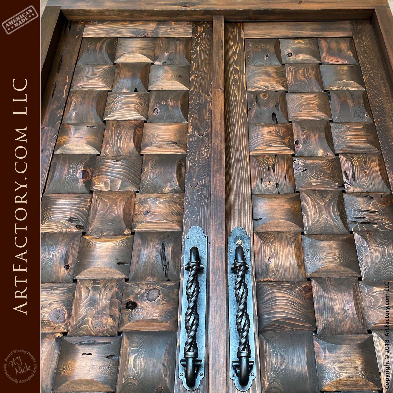 Rustic Basket Weave Double Doors Fine Art Hand Carved Wood Entrance