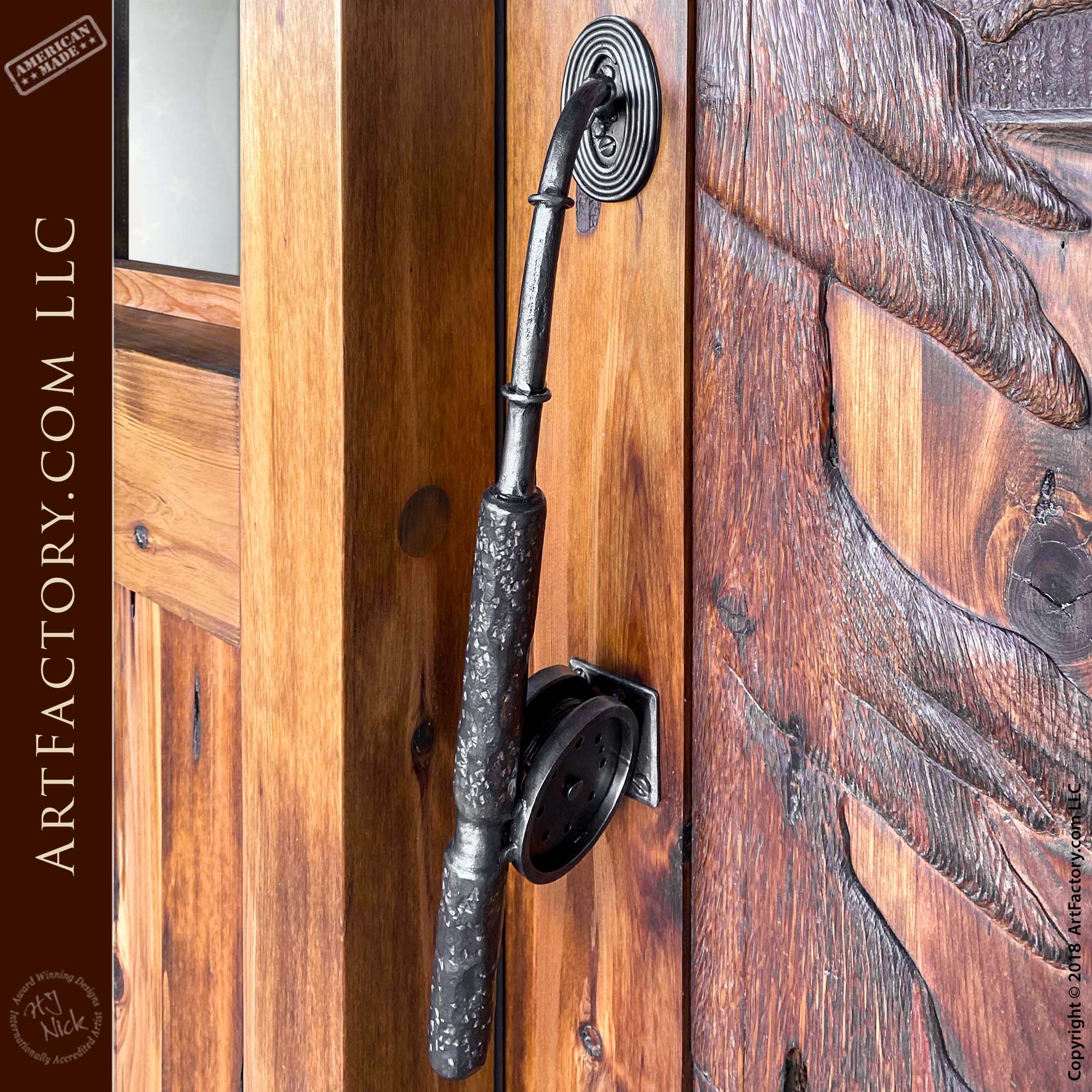 Rainbow Trout Carved Door: Custom Fine Art Wooden Lodge Entrance