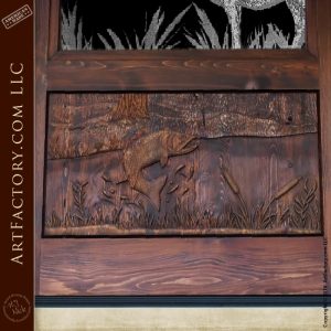 hand carved wood door panel with river scene