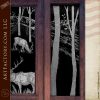 elk and trees etched glass door close up