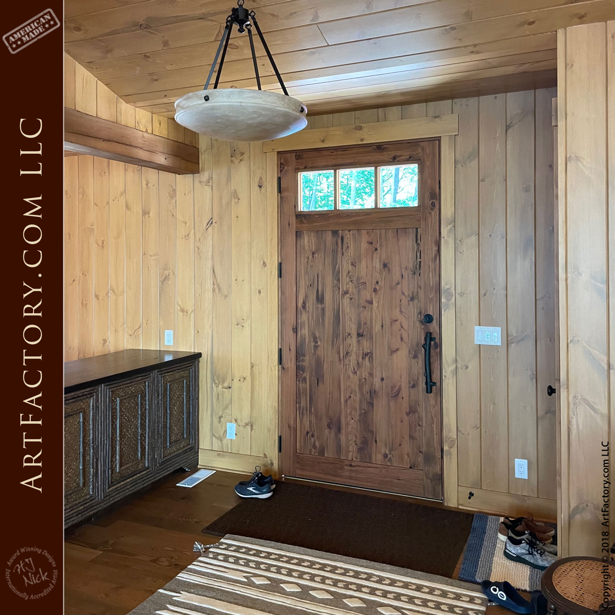 wood custom front door installed interior view