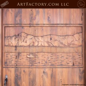 hand carved boat on lake scene on solid wood door