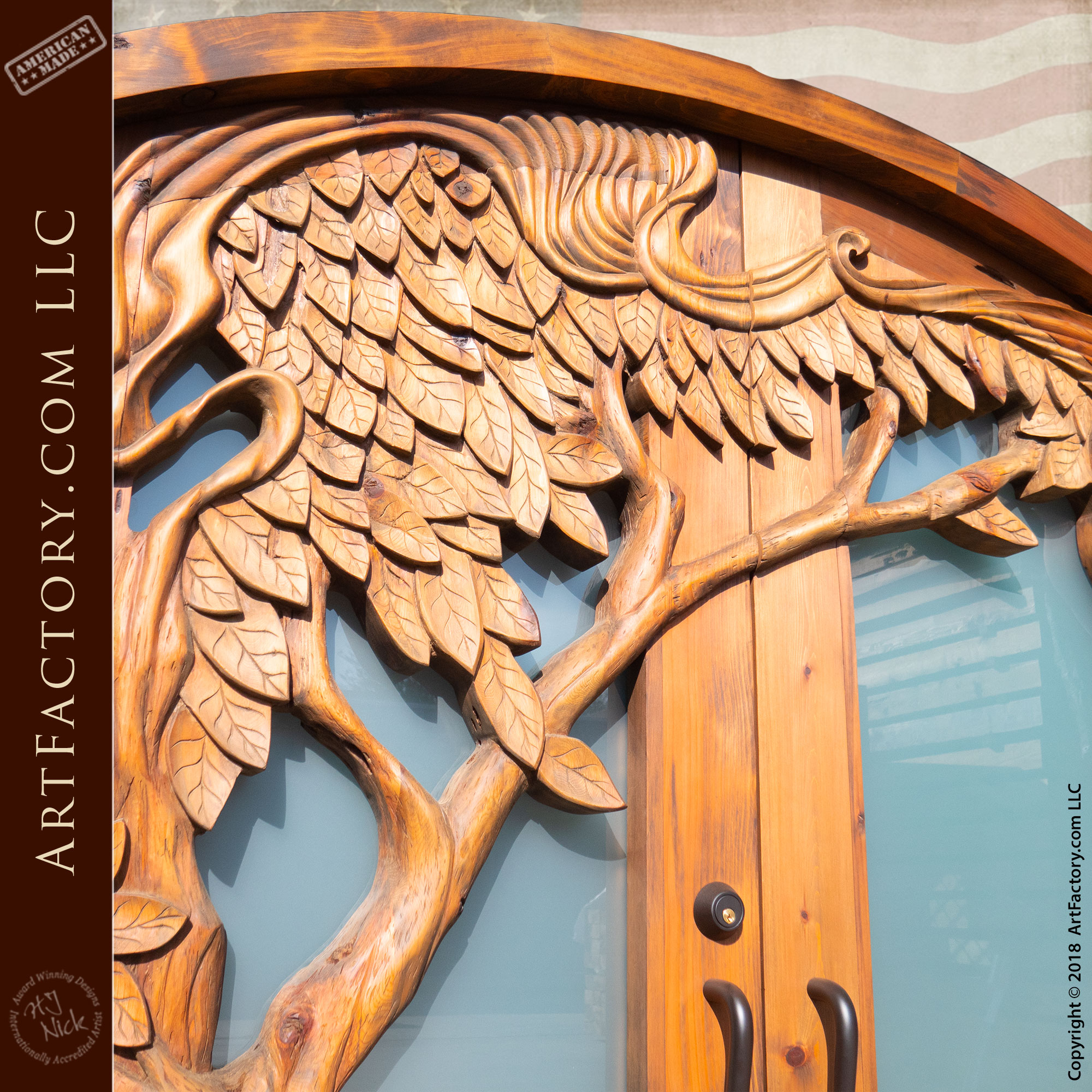 up close palm tree carving in wood door