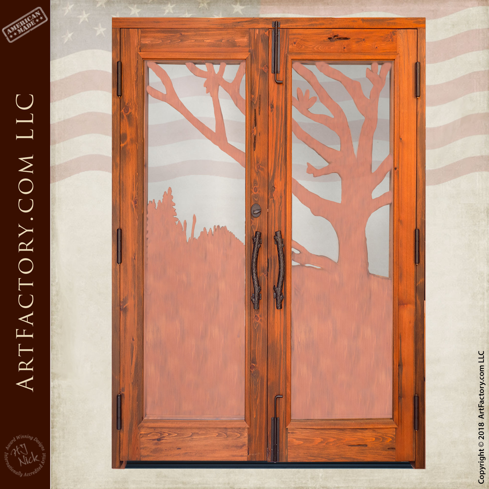 Hand Carved Woodland Double Entry Log Cabin Doors