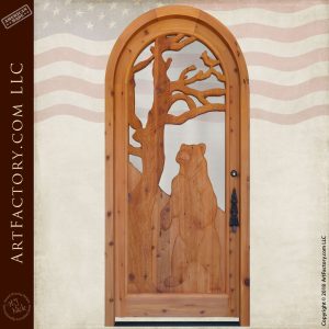 Carved Oak Tree With Bear & Glass Door