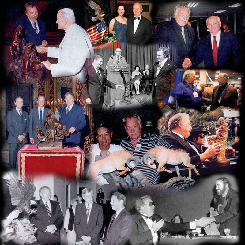 Lorenzo Ghiglieri presenting his works to world leaders and celebrities and public figures like Ronald Regan, Mikhail Gorbachev and the Pope.