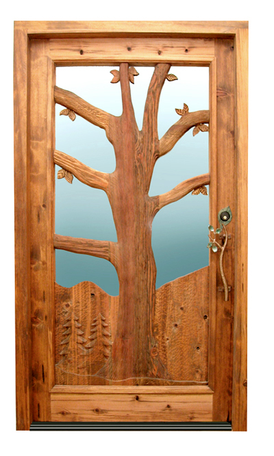 Hand Carved Wood Door - Outdoor Tree Design -  2339HC