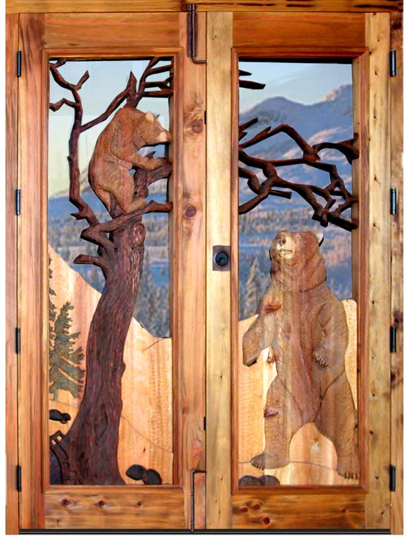 Rustic doors with bears, trees