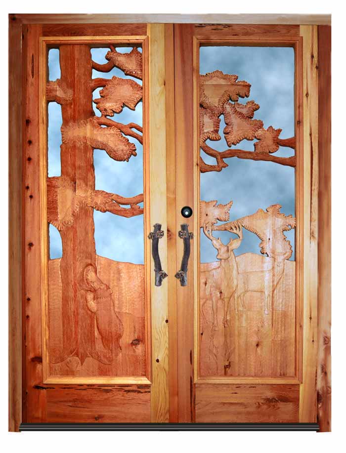 Doors Hand Carved - Bear, Trees, Deer Scene - 6342HC
