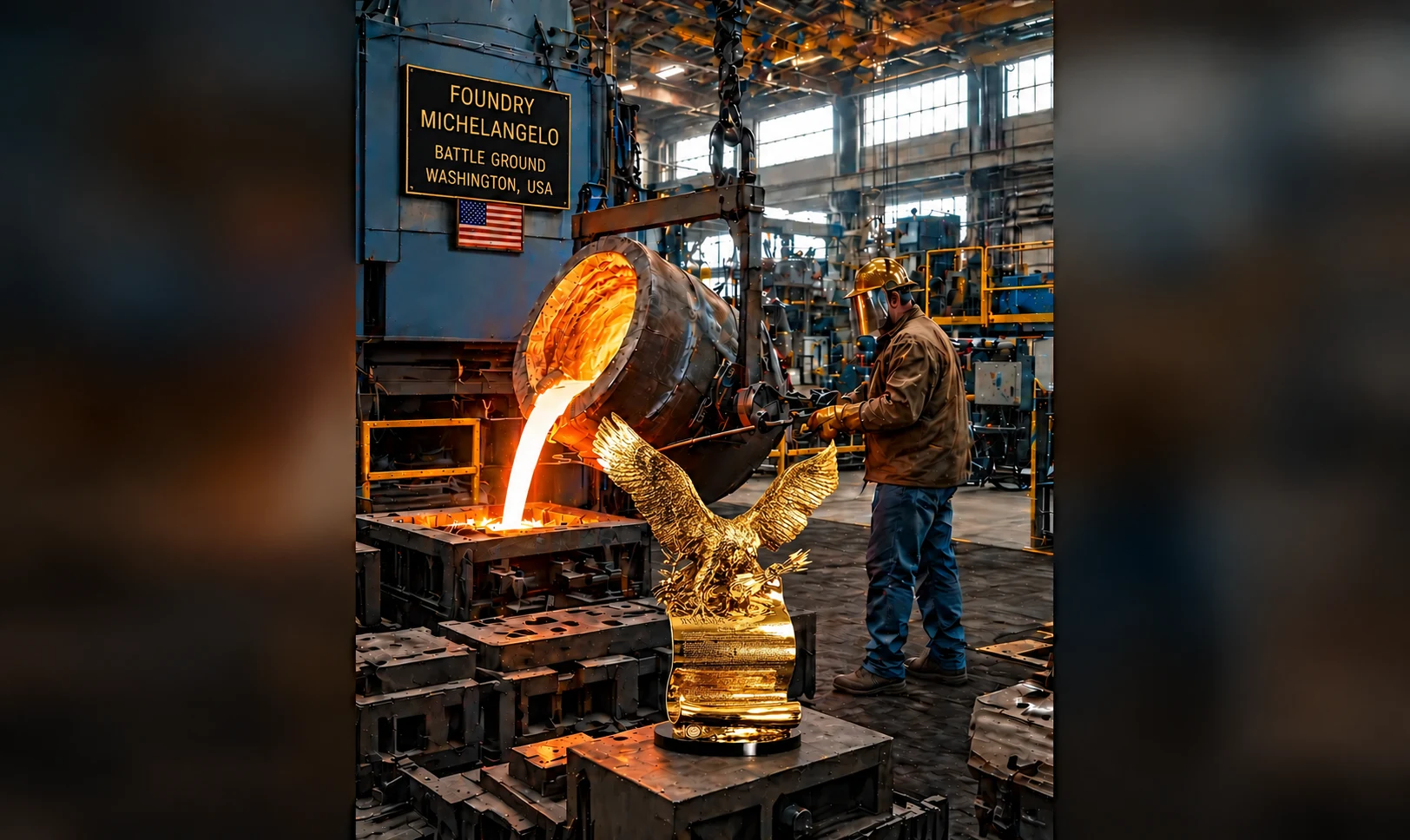 Artist interpretation of an American foundry pour, with the gold American Patriot eagle and Constitution scroll on the foreground worktable