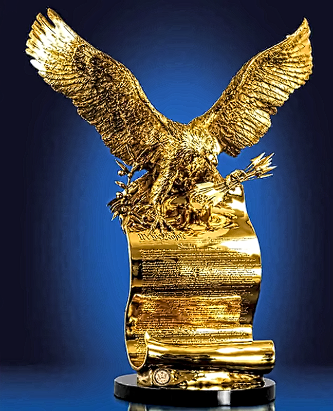 The Presidential American Patriot eagle in 24-karat gold-plated bronze, perched above its Constitution scroll