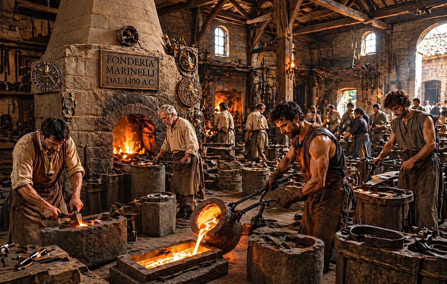 Artist interpretation of a traditional hand-driven foundry workshop; an illustration of workshop practice, not a reconstruction of this era