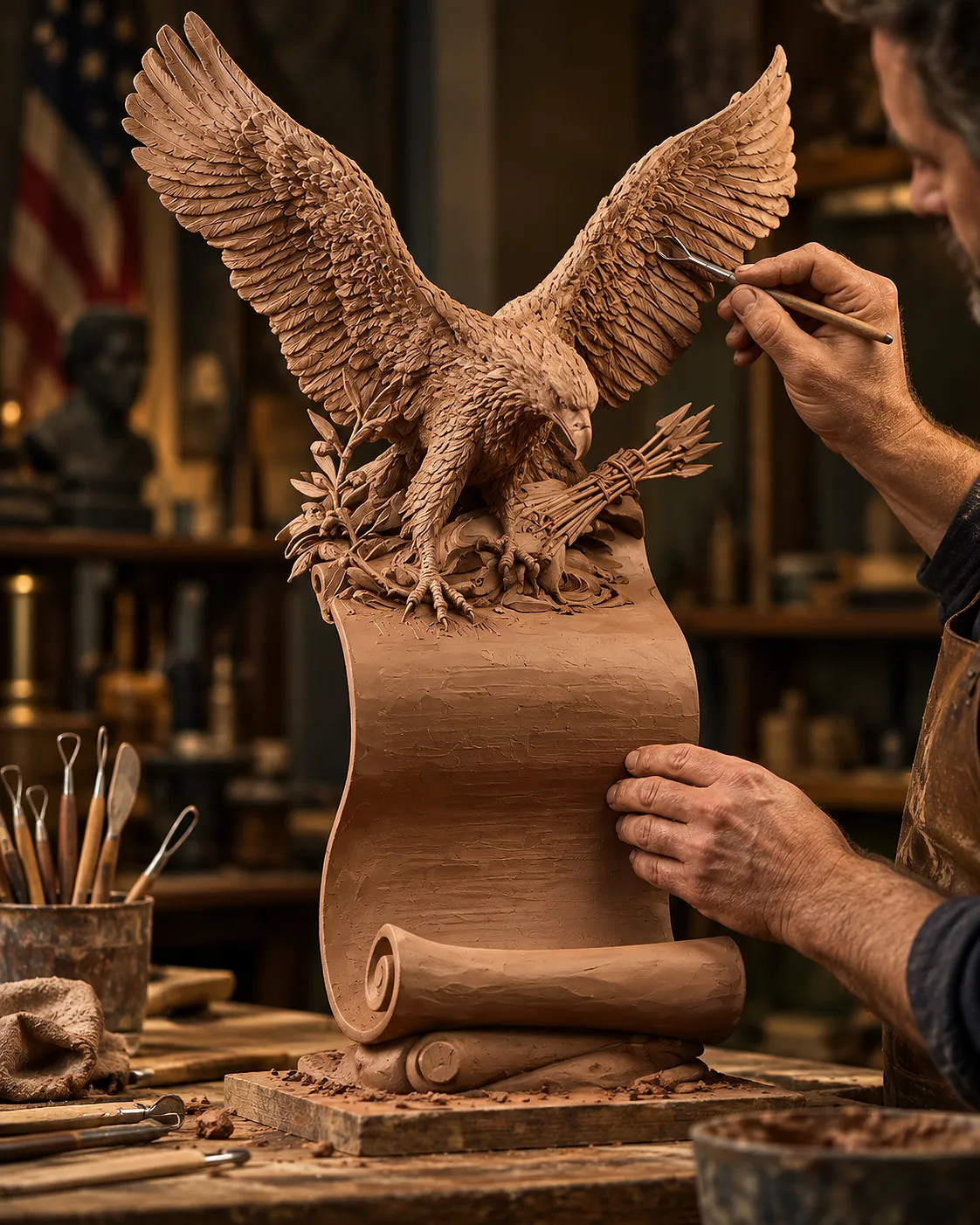 Artist interpretation of an artisan refining the brown clay eagle and Constitution scroll original with a modeling tool