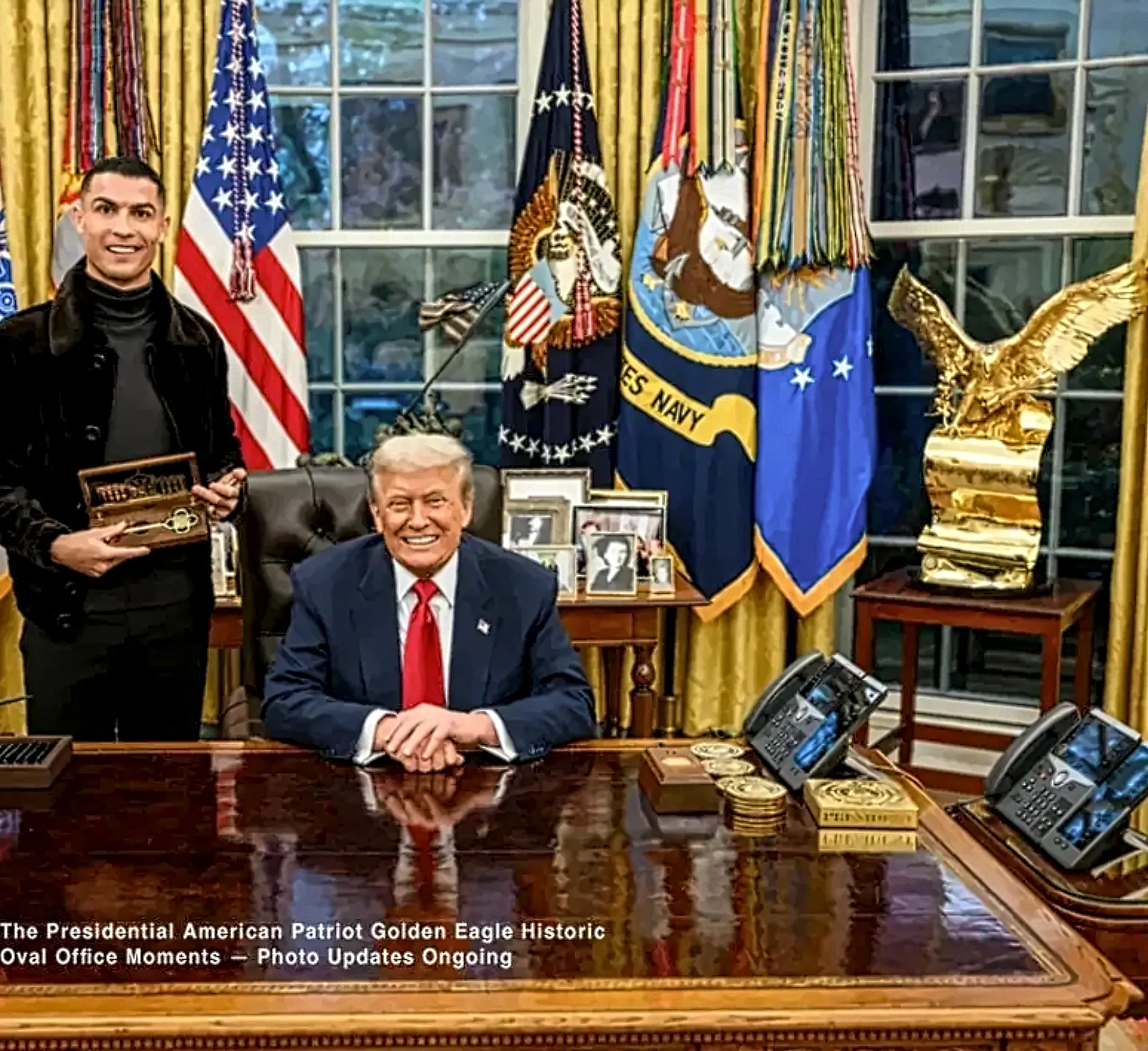 Source photograph showing the gold American Patriot eagle displayed in the Oval Office